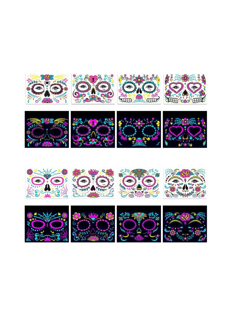 Glow In The Dark Neon Temporary Face Tattoos, 8 Sheets Full Face Stickers, Sugar Skull Designs for Parties, Festivals, and Themed Events - Image 4