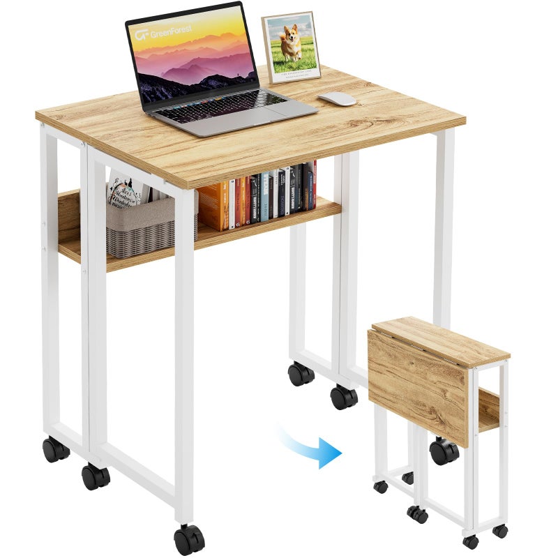 GreenForest Folding Desk Small Rolling Desk with Storage Shelf,24.8 inch Foldable Computer Desk with Wheels for Small Space,Easy Assembly,Oak - Image 1