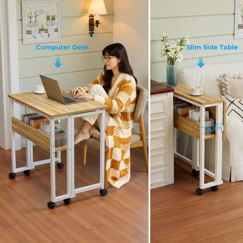 GreenForest Folding Desk Small Rolling Desk with Storage Shelf,24.8 inch Foldable Computer Desk with Wheels for Small Space,Easy Assembly,Oak - Image 5