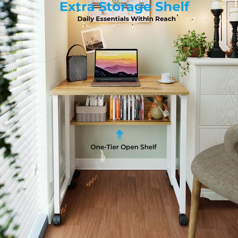 GreenForest Folding Desk Small Rolling Desk with Storage Shelf,24.8 inch Foldable Computer Desk with Wheels for Small Space,Easy Assembly,Oak - Image 4