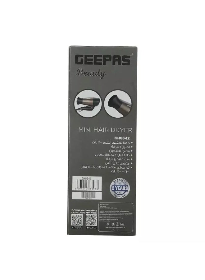 Geepas Beauty Mini Hair Dryer with Foldable Handle, GH8642- Grey - Image 3