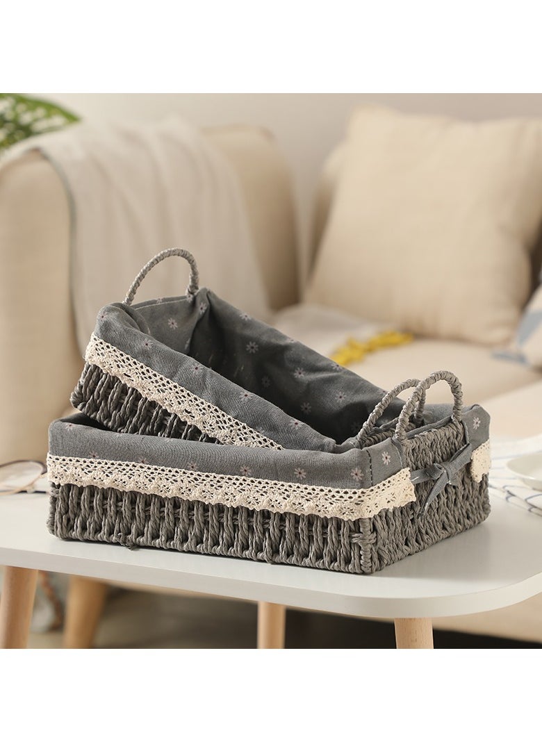 Cozy Nest - Set of 2 Eco-Friendly Handwoven Storage Baskets with Handles – Durable Rectangular Woven Bins with Sturdy Plastic Frame and Removable Fabric Liners, Home Organization for Living Room, Bedroom, Bathroom, and Nursery – Grey - Image 1