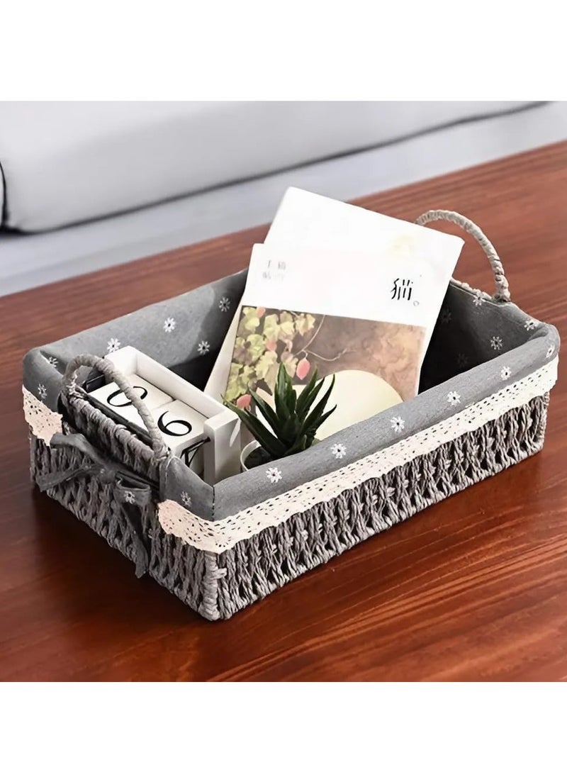 Cozy Nest - Set of 2 Eco-Friendly Handwoven Storage Baskets with Handles – Durable Rectangular Woven Bins with Sturdy Plastic Frame and Removable Fabric Liners, Home Organization for Living Room, Bedroom, Bathroom, and Nursery – Grey - Image 1