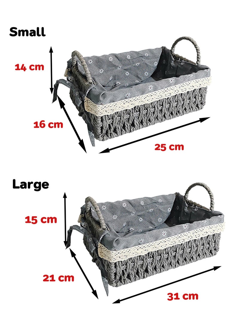 Cozy Nest - Set of 2 Eco-Friendly Handwoven Storage Baskets with Handles – Durable Rectangular Woven Bins with Sturdy Plastic Frame and Removable Fabric Liners, Home Organization for Living Room, Bedroom, Bathroom, and Nursery – Grey - Image 1