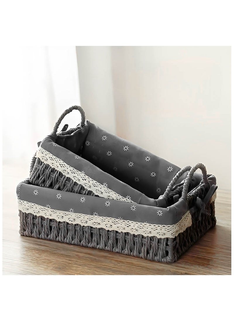 Cozy Nest - Set of 2 Eco-Friendly Handwoven Storage Baskets with Handles – Durable Rectangular Woven Bins with Sturdy Plastic Frame and Removable Fabric Liners, Home Organization for Living Room, Bedroom, Bathroom, and Nursery – Grey - Image 1