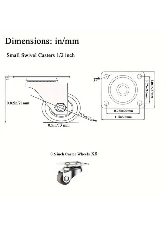 8 قطع عجلات دوارة صغيرة 0.5 بوصة ذاتية اللصق منخفضة المظهر من المطاط مع لوحة فولاذية - Image 5