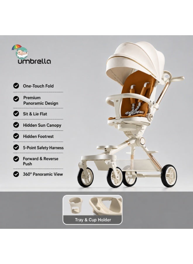 Stroller Umbrella 4-Wheel Folding , Lightweight and Easy to Fold, High-Quality Design for Children, Can Be Carried on Airplanes, beige