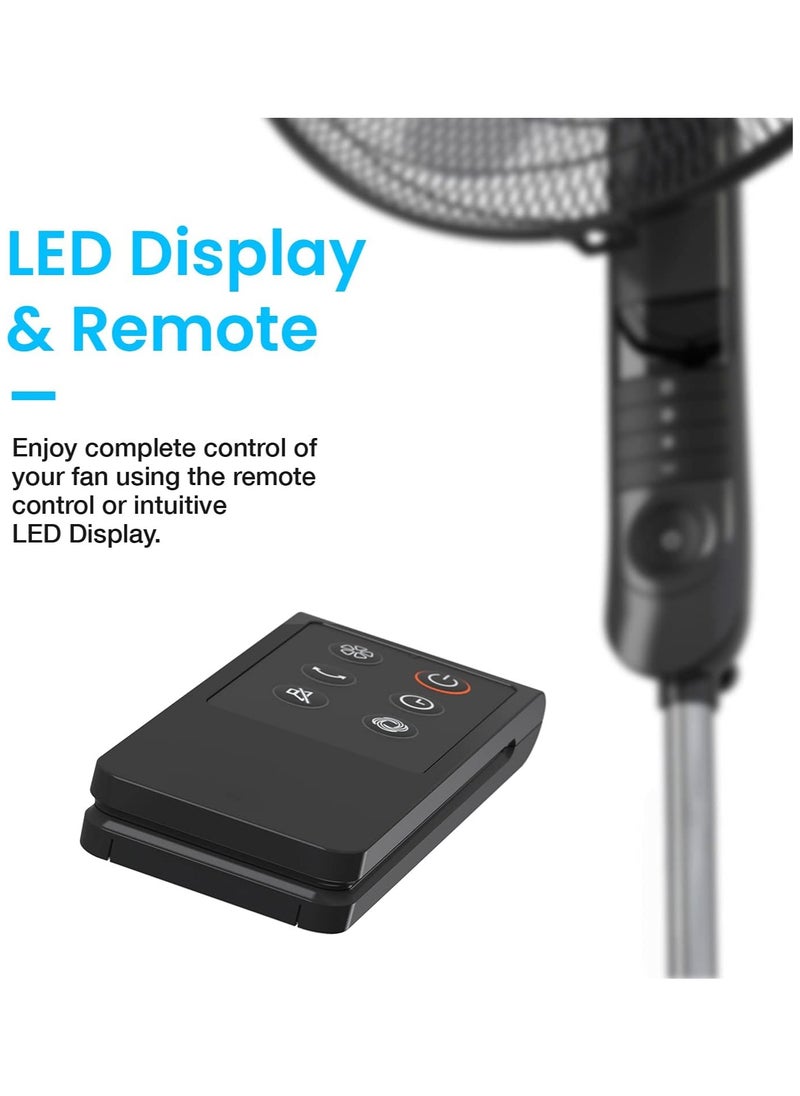 برو_بريز مروحة قاعدة برو بريز مقاس 16 بوصة مزودة بجهاز تحكم عن بعد وشاشة LED، 4 أوضاع تشغيل، ذبذبة بزاوية 80 درجة، ارتفاع قابل للتعديل ورأس مروحة محوري، مثالية للمنازل والمكاتب وغرف النوم - أسود  - Image 3
