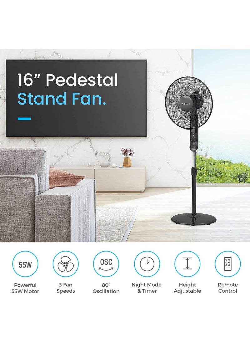 Pro Breeze - Pro Breeze 16-Inch Pedestal Fan with Remote Control and LED Display, 4 Operational Modes, 80° Oscillation, Adjustable Height & Pivoting Fan Head, Perfect for Homes, Offices and Bedrooms - Black - Image 1