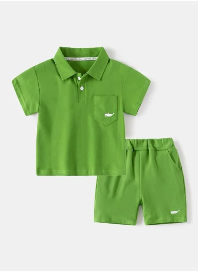 يونيكي Green Polo Collar Short Sleeve Applique Tshirt & Shorts