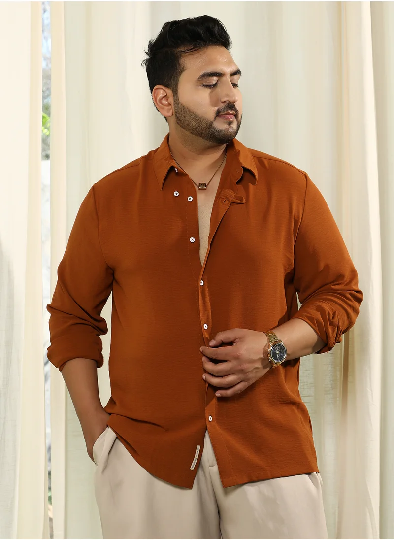 انستافاب بلس Instafab Plus Men's Terracotta Brown Breezy Wrinked Shirt For Casual Wear | Spread Collar | Long Cuffed Sleeves | Button Closure | Plus Size Shirt Crafted With Comfort Fit For Everyday Wear