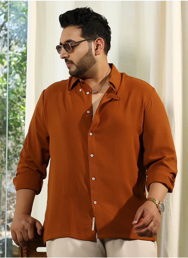 انستافاب بلس Instafab Plus Men's Terracotta Brown Breezy Wrinked Shirt For Casual Wear | Spread Collar | Long Cuffed Sleeves | Button Closure | Plus Size Shirt Crafted With Comfort Fit For Everyday Wear