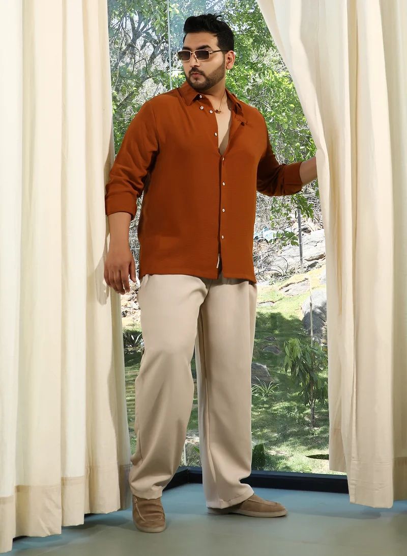 Instafab Plus Instafab Plus Men's Terracotta Brown Breezy Wrinked Shirt For Casual Wear | Spread Collar | Long Cuffed Sleeves | Button Closure | Plus Size Shirt Crafted With Comfort Fit For Everyday Wear