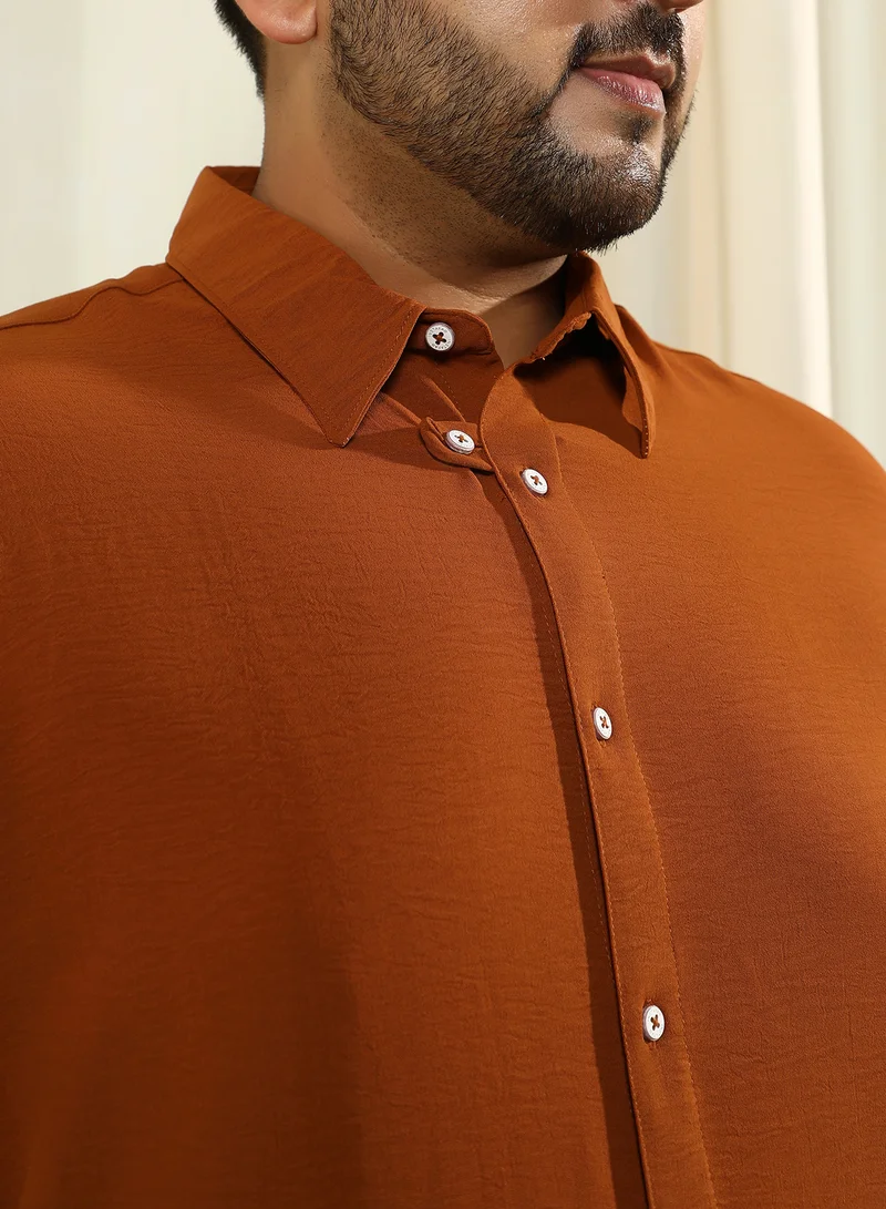 Instafab Plus Instafab Plus Men's Terracotta Brown Breezy Wrinked Shirt For Casual Wear | Spread Collar | Long Cuffed Sleeves | Button Closure | Plus Size Shirt Crafted With Comfort Fit For Everyday Wear