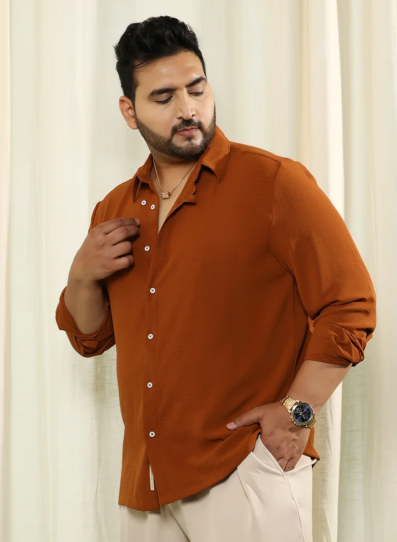Instafab Plus Instafab Plus Men's Terracotta Brown Breezy Wrinked Shirt For Casual Wear | Spread Collar | Long Cuffed Sleeves | Button Closure | Plus Size Shirt Crafted With Comfort Fit For Everyday Wear