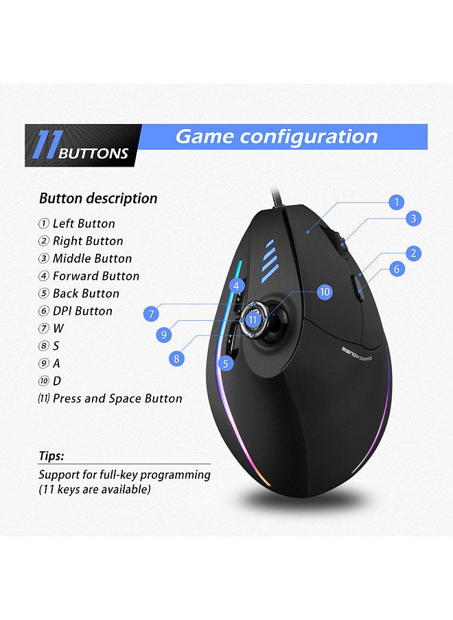 ZELOTES - C-18 Vertical Wired Gaming Mouse 11 Programmable Buttons Adjustable 10000DPI Laser Engine RGB Light Belt 128KB On-board Memory - Image 1