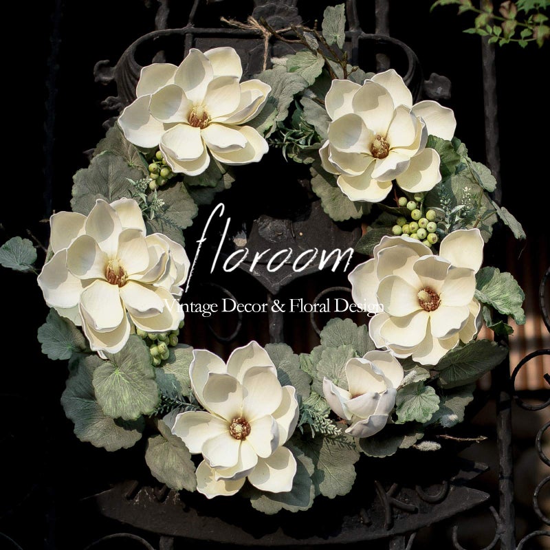 Floroom Floral Wreath 18 Artificial White Magnolia Wreath for Front Door Wedding Decorations Wall Decor