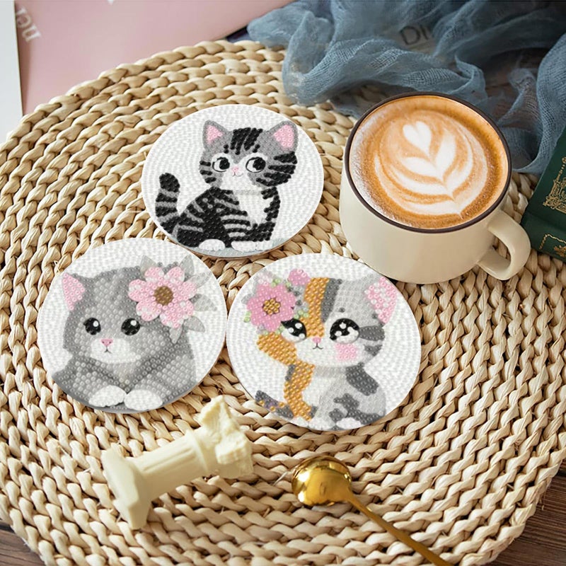 cupmod 8PCS Cute Cat Diamond Painting Coasters Kit with Holder,Cat Diamond Art Coaster,DIY Crafts Diamond Art Kits for Adults Home Decor - Image 3