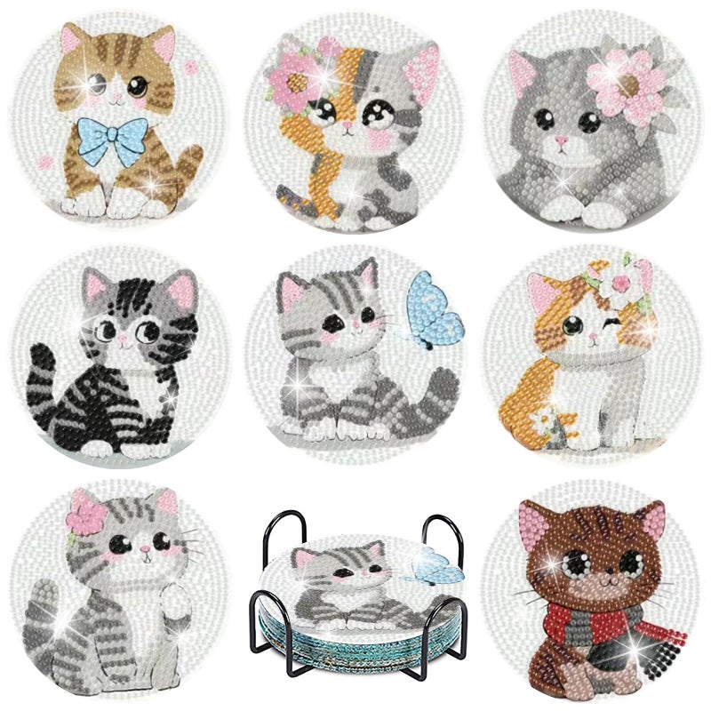 cupmod 8PCS Cute Cat Diamond Painting Coasters Kit with Holder,Cat Diamond Art Coaster,DIY Crafts Diamond Art Kits for Adults Home Decor - Image 1