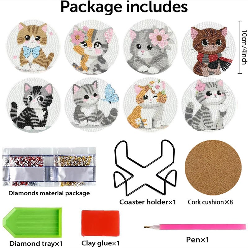 cupmod 8PCS Cute Cat Diamond Painting Coasters Kit with Holder,Cat Diamond Art Coaster,DIY Crafts Diamond Art Kits for Adults Home Decor - Image 2