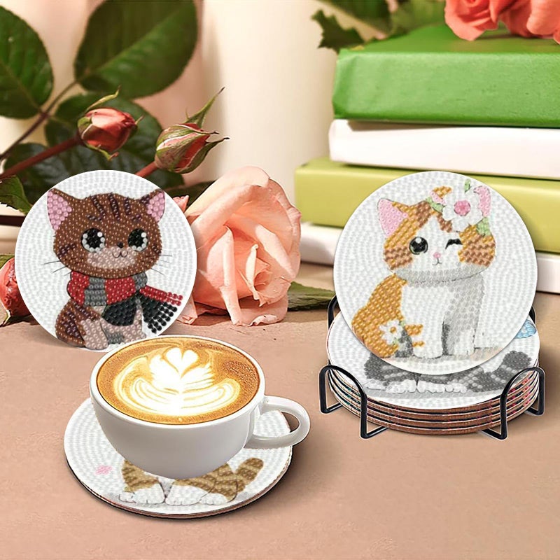 cupmod 8PCS Cute Cat Diamond Painting Coasters Kit with Holder,Cat Diamond Art Coaster,DIY Crafts Diamond Art Kits for Adults Home Decor - Image 4