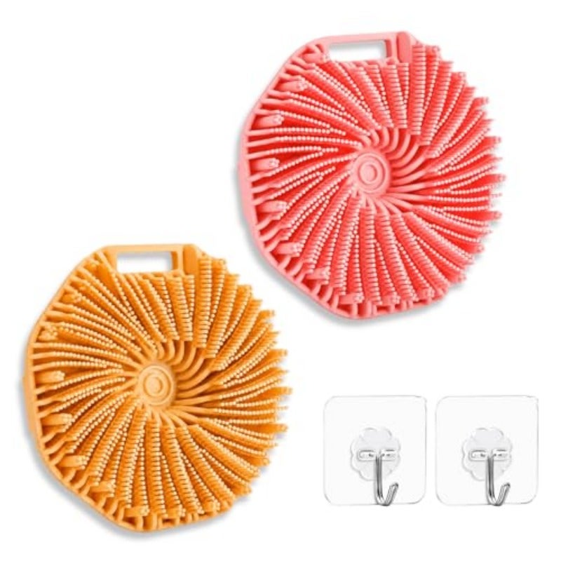 2 Pack Silicone Body Scrubber for Shower with 2 Hooks Soft Silicone Loofah Alternative with Hand Strap Gentle Exfoliating Body Scrubber Quick Dry Shower Scrubber for Men Women Pink+Orange - Image 1