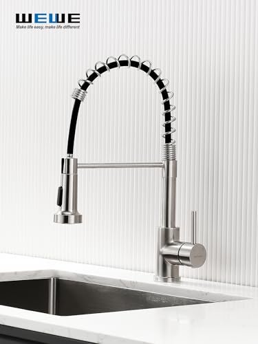 WEWE Kitchen Sink Faucet, Kitchen Faucets with Pull Down Sprayer Stainless Steel Single Handle Single Hole Brushed Nickel Commercial Industrial Spring Pull Out Laundry Farmhouse Kitchen Faucet - Image 2