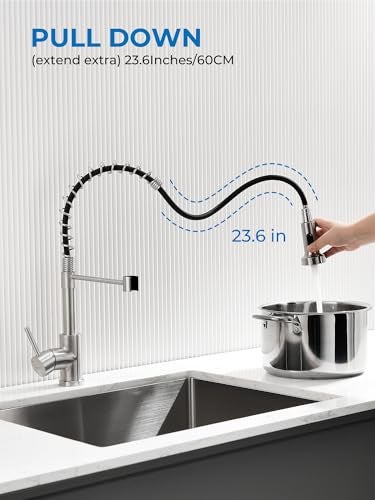 WEWE Kitchen Sink Faucet, Kitchen Faucets with Pull Down Sprayer Stainless Steel Single Handle Single Hole Brushed Nickel Commercial Industrial Spring Pull Out Laundry Farmhouse Kitchen Faucet - Image 3