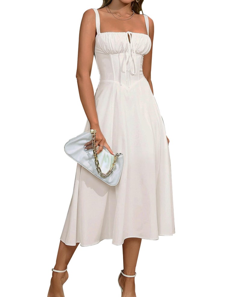 GLNEGE Wedding Guest Dresses for Women Midi Corset Lace Up A Line Dress Solid Flowy Slit Going Out Sundress for Tea Party - Image 1