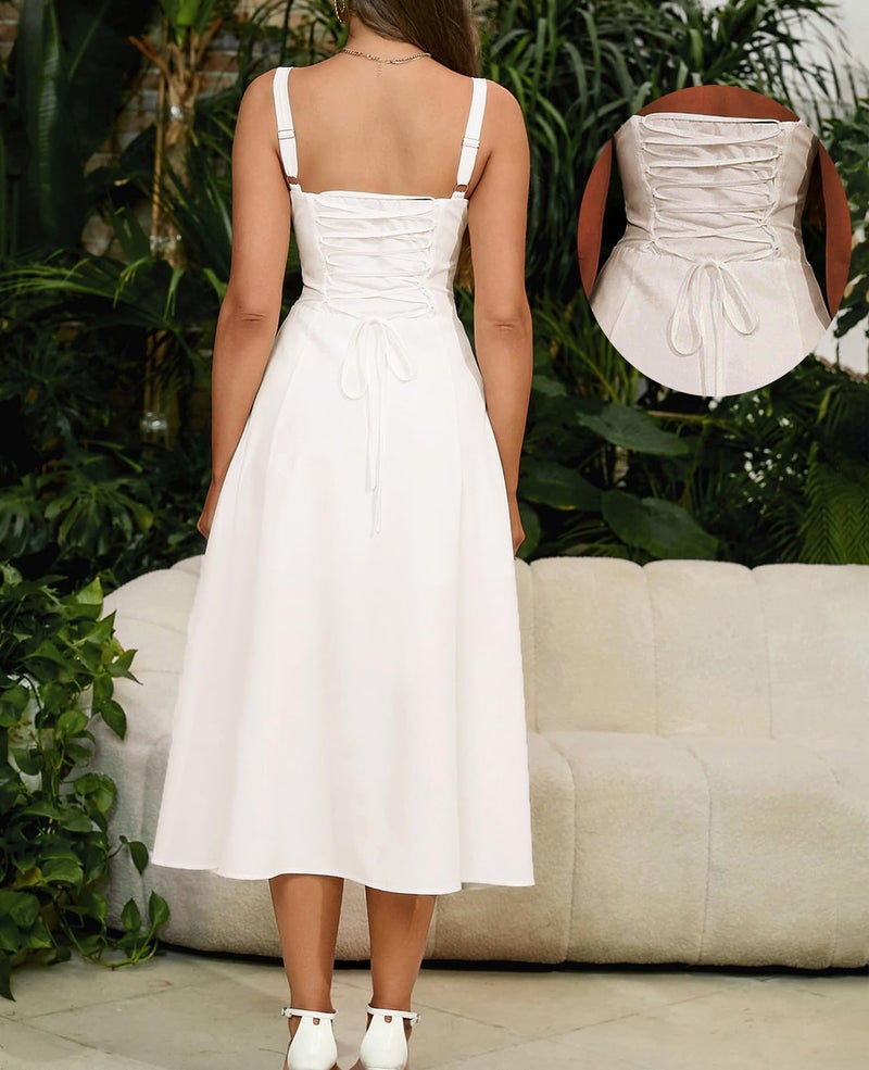 GLNEGE Wedding Guest Dresses for Women Midi Corset Lace Up A Line Dress Solid Flowy Slit Going Out Sundress for Tea Party - Image 2