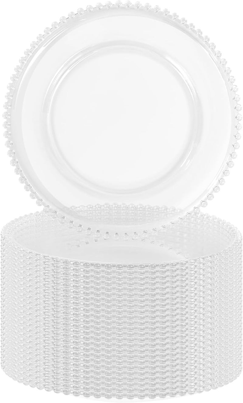 FXKS 24 PCS Clear Round Charger Plates with Beaded Rim 13 Inch Plastic Acrylic Plate Plastic Round Beaded Dinner Decorative Service Plates for Wedding Party Event Home Kitchen TabletopClear - Image 1