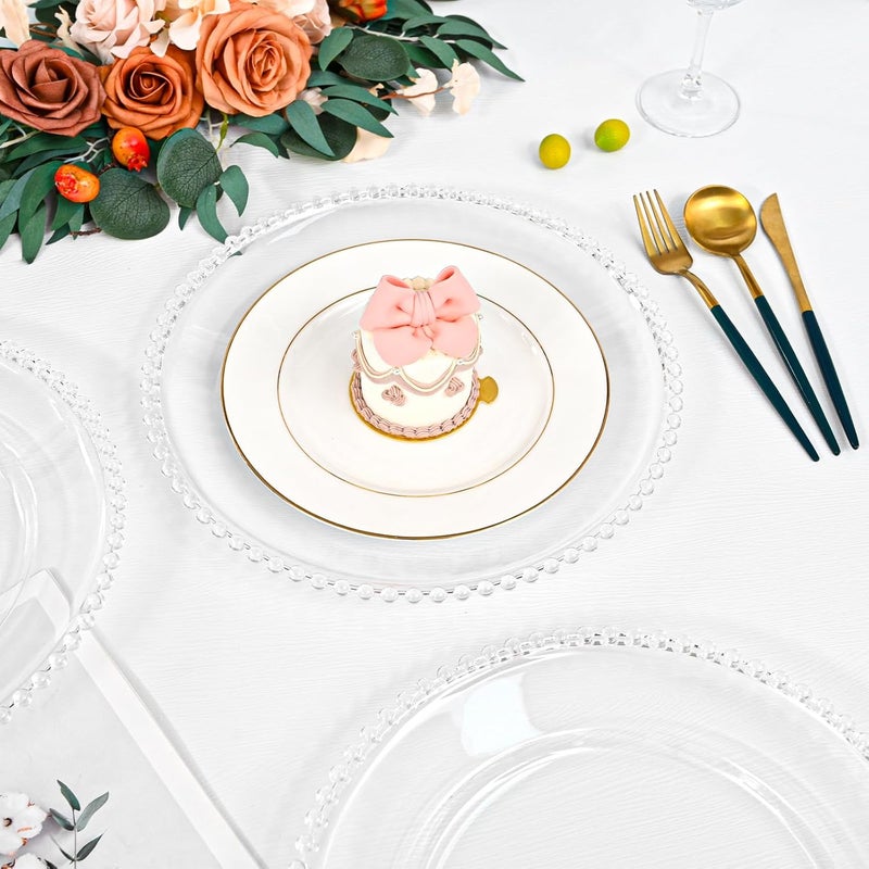 FXKS 24 PCS Clear Round Charger Plates with Beaded Rim 13 Inch Plastic Acrylic Plate Plastic Round Beaded Dinner Decorative Service Plates for Wedding Party Event Home Kitchen TabletopClear - Image 5