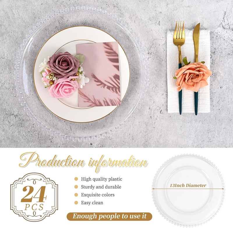 FXKS 24 PCS Clear Round Charger Plates with Beaded Rim 13 Inch Plastic Acrylic Plate Plastic Round Beaded Dinner Decorative Service Plates for Wedding Party Event Home Kitchen TabletopClear - Image 2