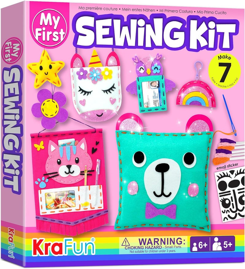 KRAFUN My First Sewing Kit for Beginner Kids Arts & Crafts, 7 Easy DIY Projects of Stuffed Animal Dolls and Plush Pillow Craft, Instructions & Felt, Gift for Girls, Boys, Learn to Sew, Embroidery - Image 1