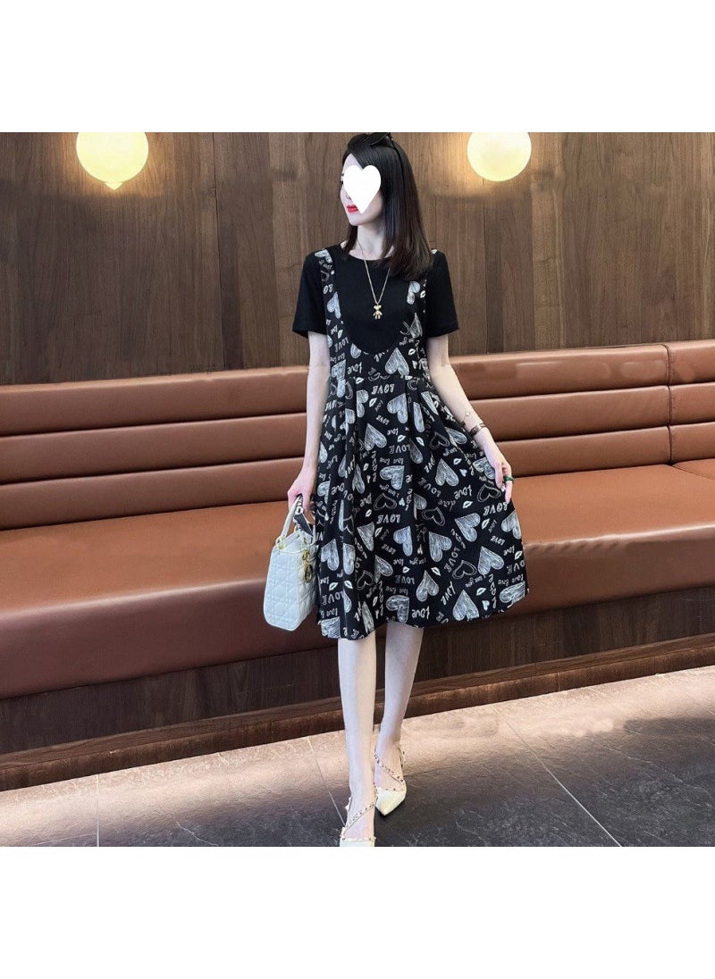 Generic - Two-Piece Illusion Dress Womens Short Sleeves Waist-Fitted Slimming Heart Printing Skirt Fashionable Summer 2023 New Style Love - Image 1