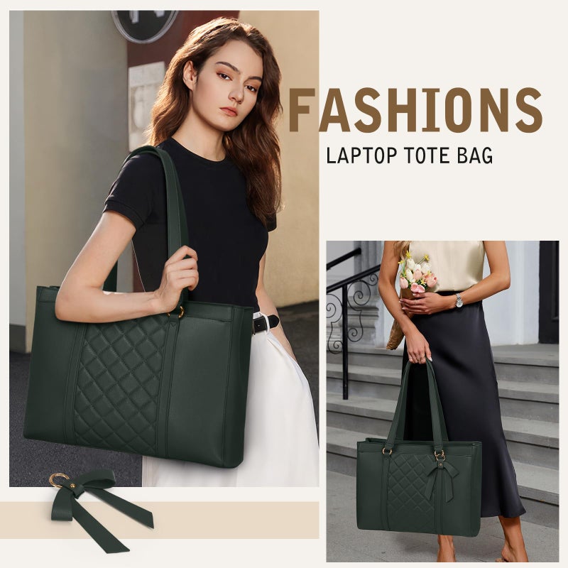 RAINSMORE Laptop Bag for Women 15.6 Inch Work Tote Bags Waterproof Leather Laptop Tote Professional Computer Briefcase Large Capacity Handbag for Office Teacher Travel, Green - Image 3
