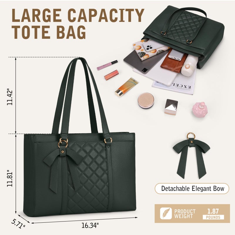 RAINSMORE Laptop Bag for Women 15.6 Inch Work Tote Bags Waterproof Leather Laptop Tote Professional Computer Briefcase Large Capacity Handbag for Office Teacher Travel, Green - Image 5