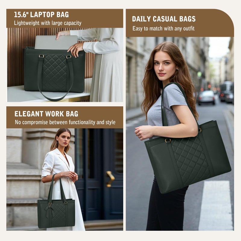 RAINSMORE Laptop Bag for Women 15.6 Inch Work Tote Bags Waterproof Leather Laptop Tote Professional Computer Briefcase Large Capacity Handbag for Office Teacher Travel, Green - Image 2