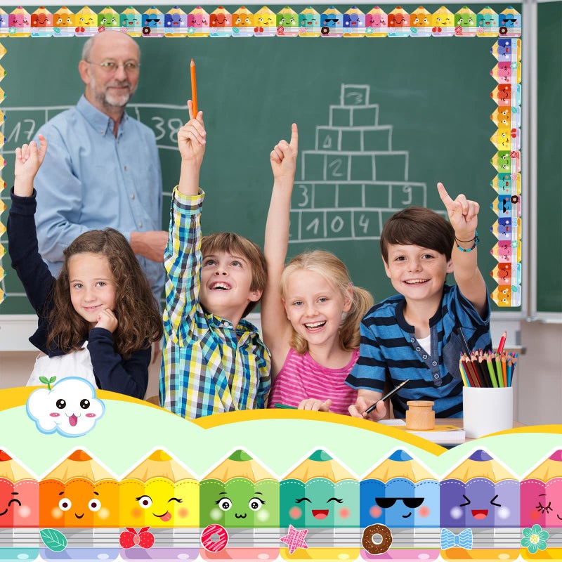 Eersida 65.6 ft Colorful Pencil Bulletin Board Borders With Cute Faces - Border Trim Paper Cutouts for Classroom Decorations, Preschool, Daycare, Kindergarten, Chalkboard, Desks, Windows - Image 5