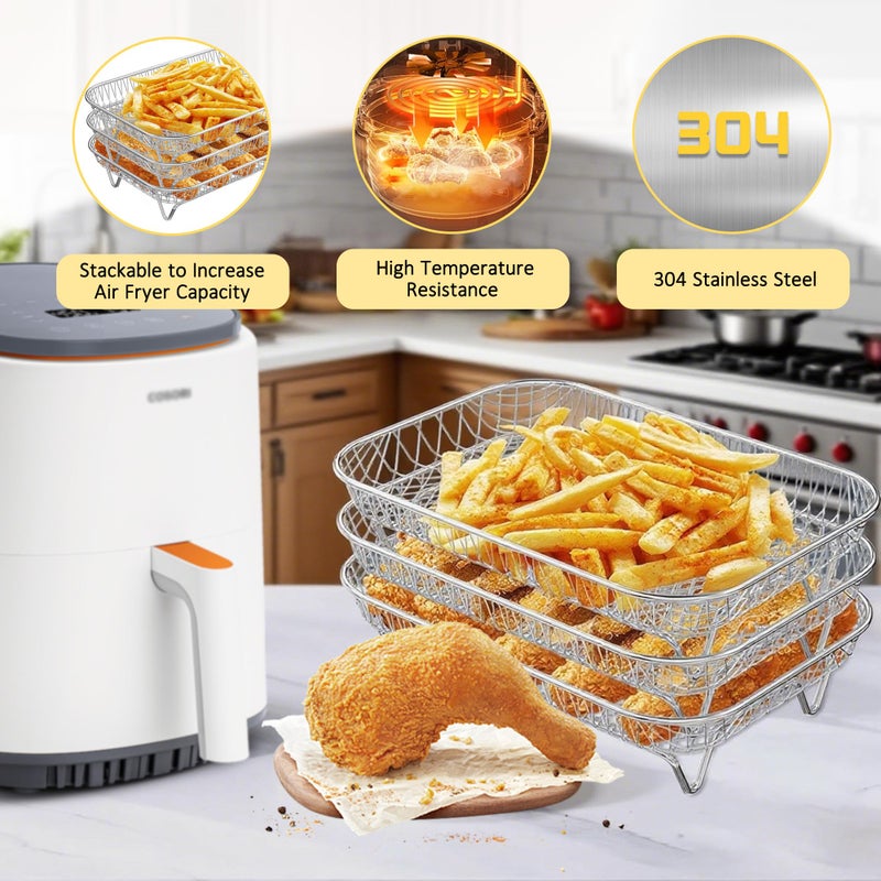 Kofebe Air Fryer Rack, Stackable Stainless Steel Air Fryer Basket, 3 Layers Cooling Racks for Oven Press Cooker, Rectangle AirFryer Accessories (7.6"Lx5.3"Hx3.7"H) - Image 2