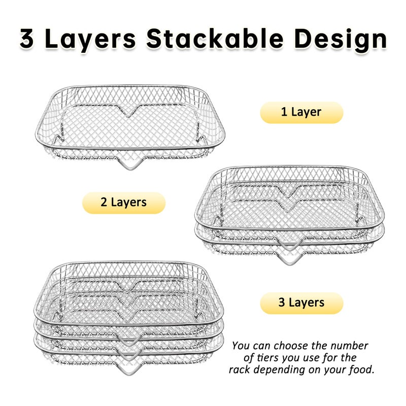Kofebe Air Fryer Rack, Stackable Stainless Steel Air Fryer Basket, 3 Layers Cooling Racks for Oven Press Cooker, Rectangle AirFryer Accessories (7.6"Lx5.3"Hx3.7"H) - Image 3