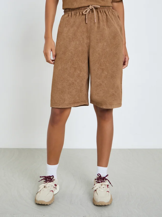 Styli Styli Brown Terry Washed Shorts with Drawstring