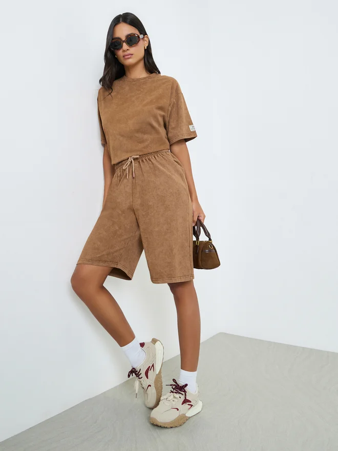 Styli Styli Brown Terry Washed Shorts with Drawstring
