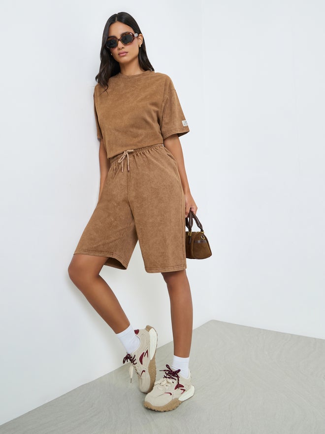 Styli Brown Terry Washed Shorts with Drawstring - Image 1