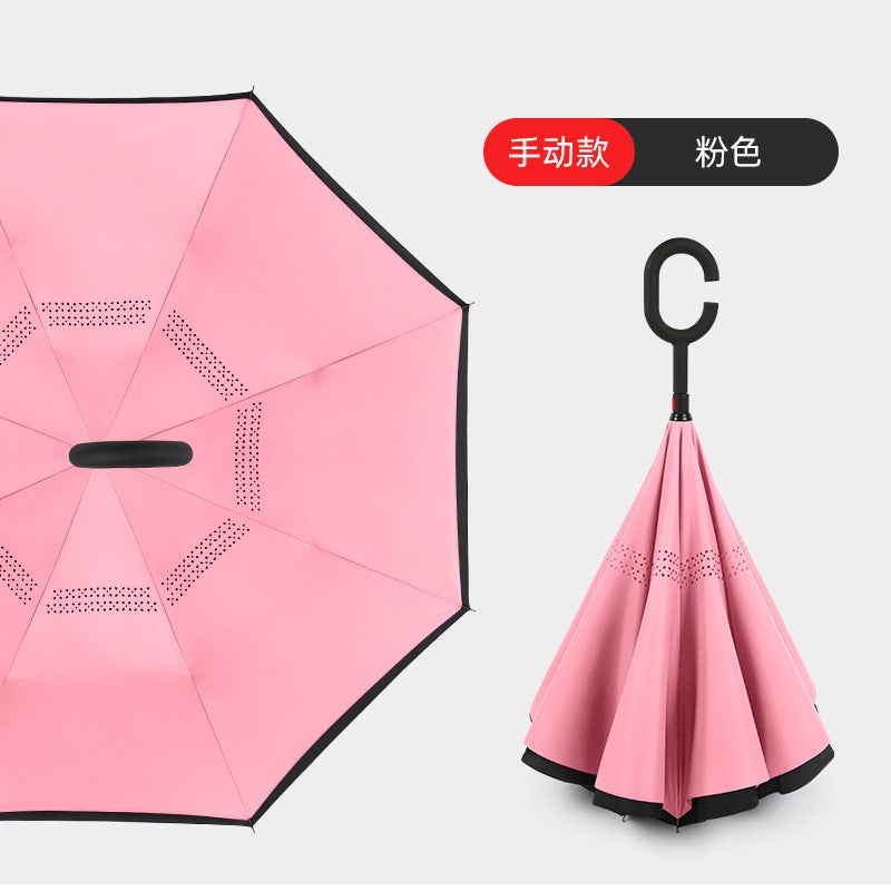 Hands-Free C-Handle Standable Reverse Umbrella Pink hand opening 