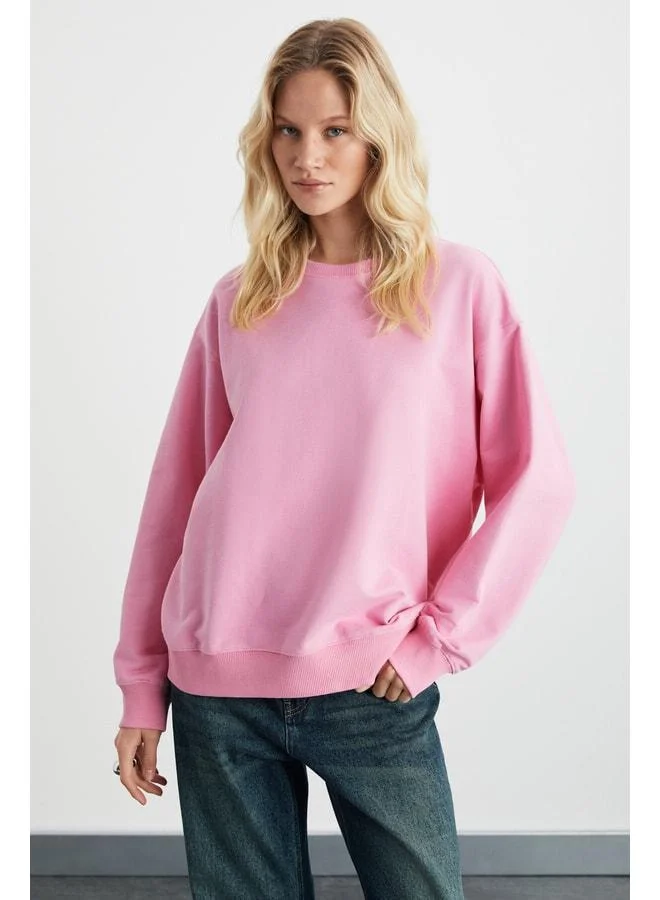 GRIMELANGE Karıus Women's Organic Cotton Lined Polo Oversized Round Neck Pink Sweatshirt.