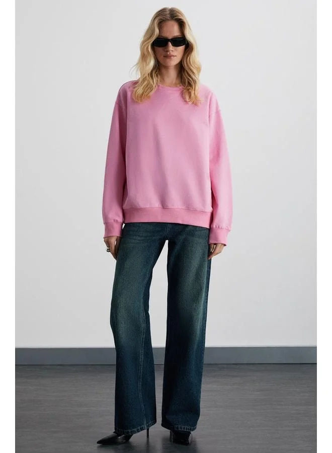 GRIMELANGE Karıus Women's Organic Cotton Lined Polo Oversized Round Neck Pink Sweatshirt.