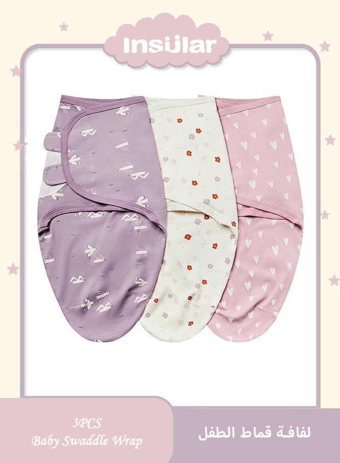 insular 3PCS Baby Swaddle Wrap, 100% Cotton Adjustable Newborn Swaddles, Soft Breathable Sleep Sack for 0-4 Months Infant(Pink/ Purple/White) - Image 1