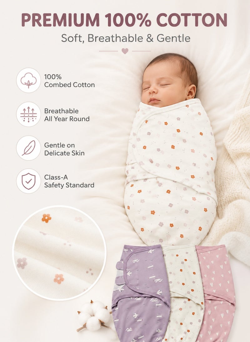 insular 3PCS Baby Swaddle Wrap, 100% Cotton Adjustable Newborn Swaddles, Soft Breathable Sleep Sack for 0-4 Months Infant(Pink/ Purple/White) - Image 2
