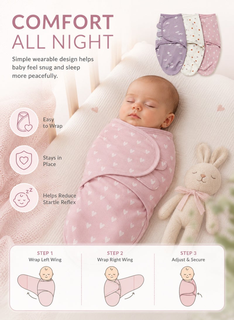 insular 3PCS Baby Swaddle Wrap, 100% Cotton Adjustable Newborn Swaddles, Soft Breathable Sleep Sack for 0-4 Months Infant(Pink/ Purple/White) - Image 4